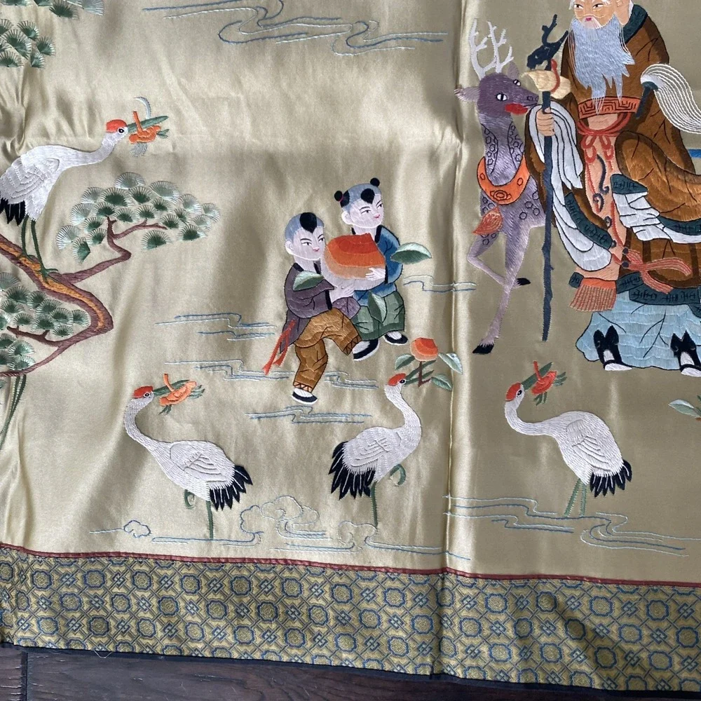 Vtg. Beijing Chinese Hand Embroidery Silk Floral Bird Tapestry Wall Art 43x25